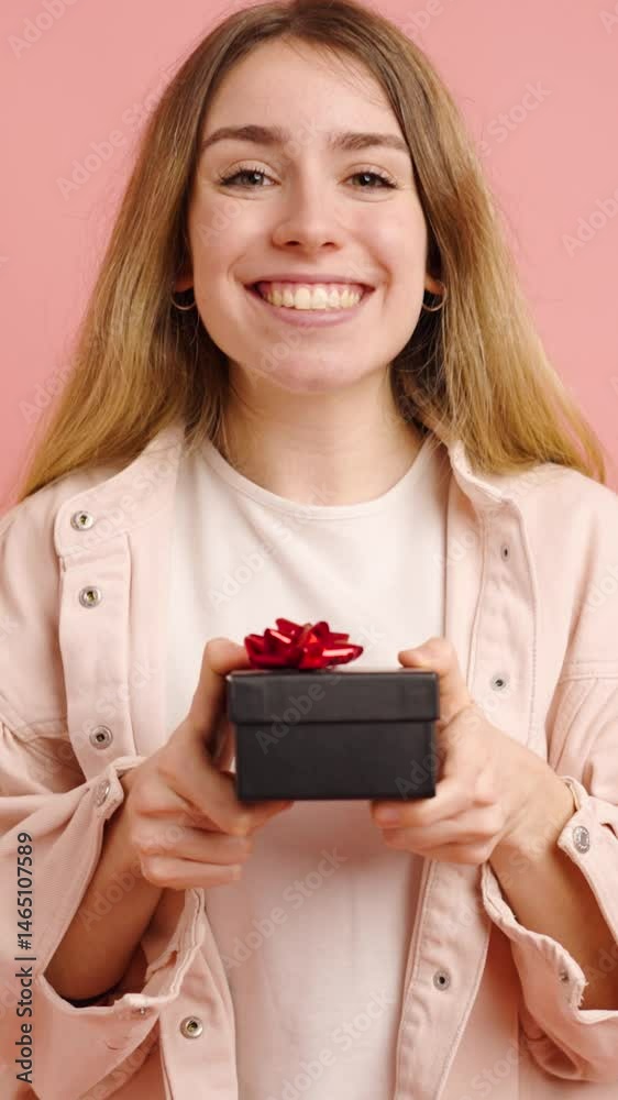 Young woman expressing happiness while holding a gift Young woman expressing happiness while holding a gift