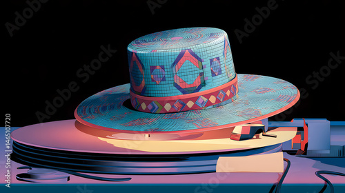 Vintage Hat on Vinyl: The hat rests on a vinyl record player, in this vibrant and artsy composition. The image embodies retro style and cool aesthetics