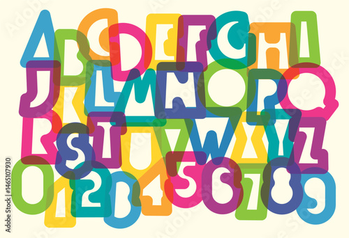 A set contours letter of simple, thick humorous geometric letterform bright colors font with a holiday and party theme. Latin alphabet letters and numbers. No AI used