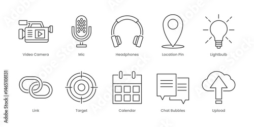 Web Outline Icons Set – Search, Trash, Video Camera, Calendar, Chat Bubbles, Download, Email, Lightbulb, Link, Location Pin, Editable Stroke.