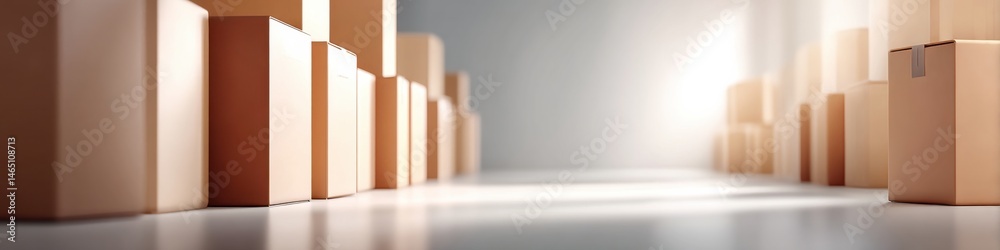 Storage room filled with colorful cardboard boxes and empty space for text