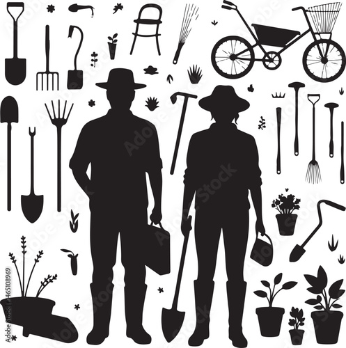 Gardener with Watering Can Silhouette

Garden Tools and Plants Vector Design

Woman Planting Flowers Silhouette

Gardening Scene with Raised Beds Art

Spring Garden Work Silhouette