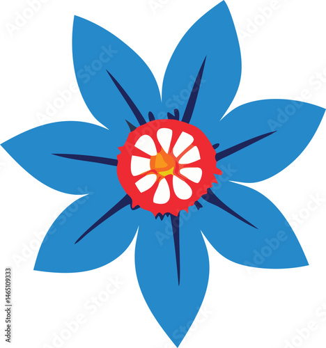 A floral illustration features a blue bloom, with a hint of red, isolated on a white background, showcasing its petal and natural beauty