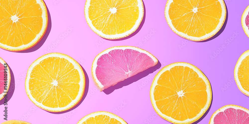 Obraz premium Citrus fruit slices arrayed on a vibrant purple background with artistic composition