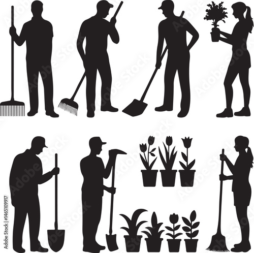 Gardener with Watering Can Silhouette

Planting Flowers in the Garden Vector

Gardening Tools and Plants Silhouette Set

Woman Tending Garden Bed Design

Spring Garden Care Scene Vector