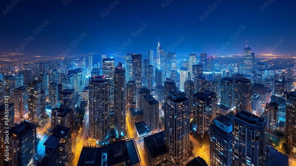 Obraz premium Panoramic view of modern city skyline at night with glowing buildings for urban development, architecture, business and futuristic cityscape concepts