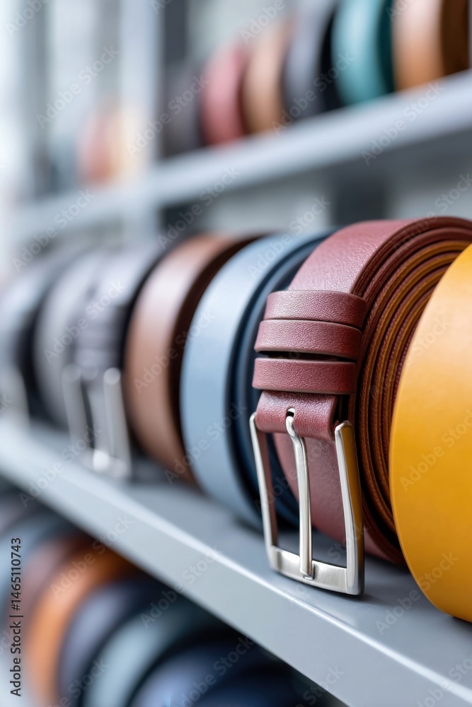 Colorful belts arranged neatly in a spacious garage for an organized display of accessories