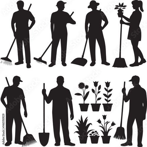 Gardening Silhouettes: Engaging silhouettes illustrating diverse gardening activities, symbolizing the nurturing act of cultivating nature and embracing the serenity of outdoor living.
