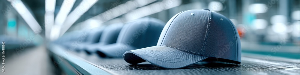 Dynamic production process of baseball caps in a bright factory environment with space for text