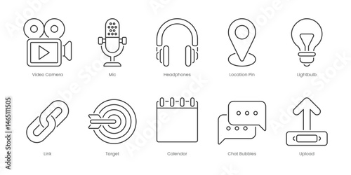 Web Outline Icons Set – Play, Search, Sign Out, Trash, Video Camera, Calendar, Chat Bubbles, Dislike, Download, Edit, Editable Stroke.