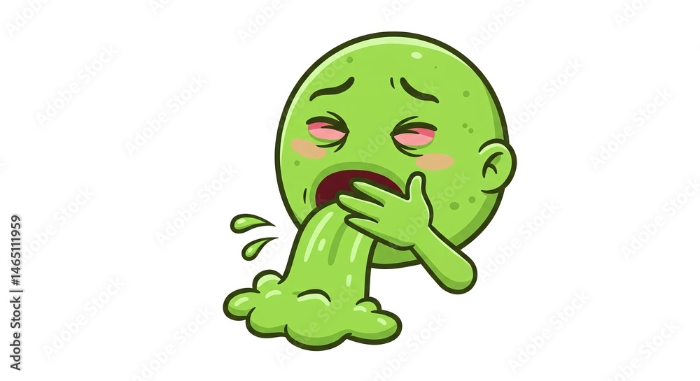 Obraz premium Cartoon Character Vomiting Green Liquid Feeling Sick and Unwell