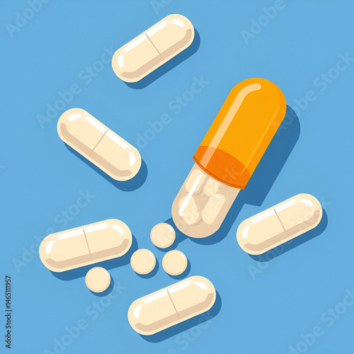 Pills semi flat RGB color vector illustration. Painkillers addiction, opioids abuse, opiates dependency. Medical prescription, medical remedy isolated cartoon object on blue background