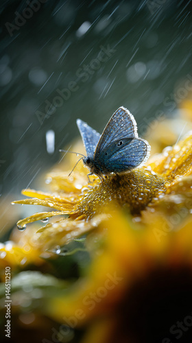 A blue butterfly perched on a helianthus in the rain, adding a touch of semblance to a rainy scene.