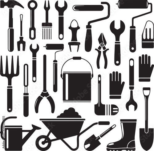 Gardening Silhouettes: Engaging silhouettes illustrating diverse gardening activities, symbolizing the nurturing act of cultivating nature and embracing the serenity of outdoor living.