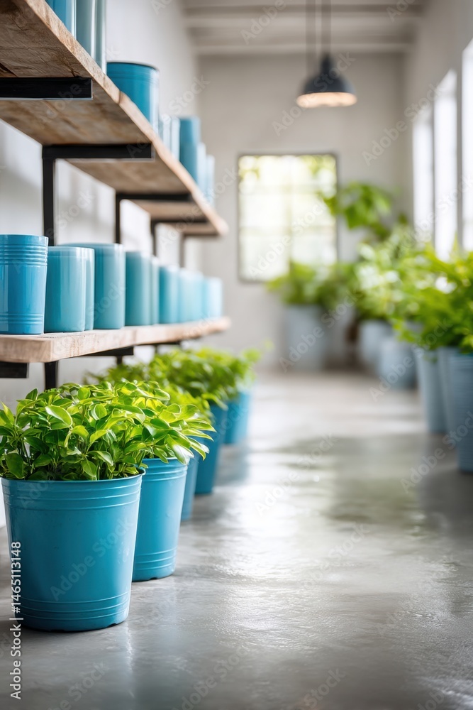 Cheerful garage filled with neatly arranged aquatic plants in colorful pots