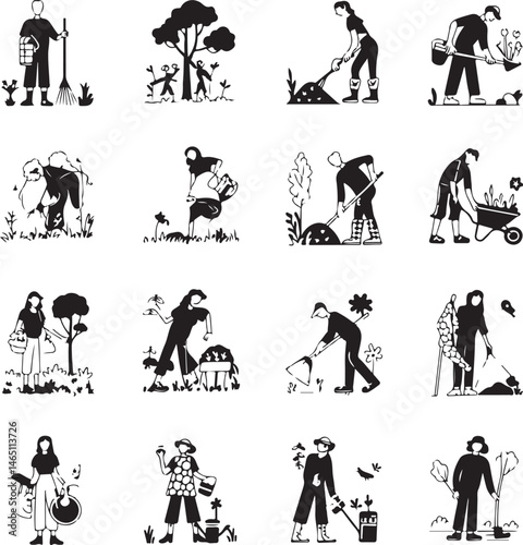 Gardening Silhouettes: Engaging silhouettes illustrating diverse gardening activities, symbolizing the nurturing act of cultivating nature and embracing the serenity of outdoor living.