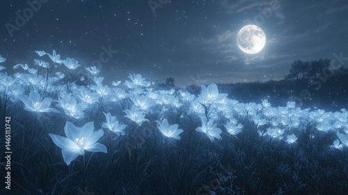 Glowing Blue Flowers in Moonlit Field at Night