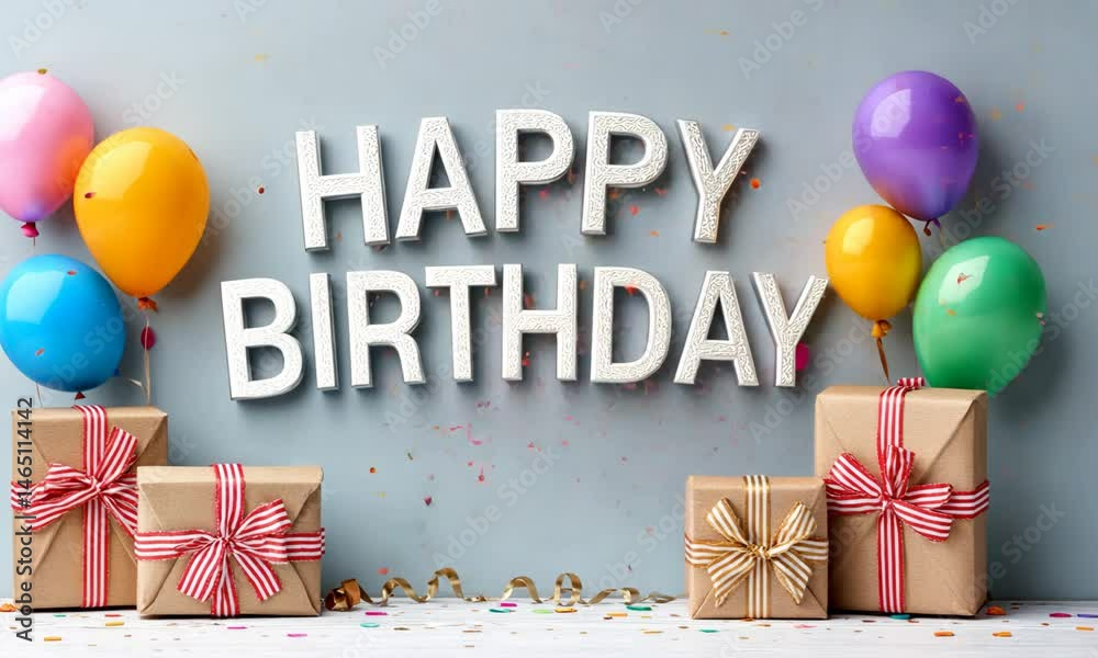 Cheerful birthday celebration with colorful balloons, confetti, and presents around 3D text greeting