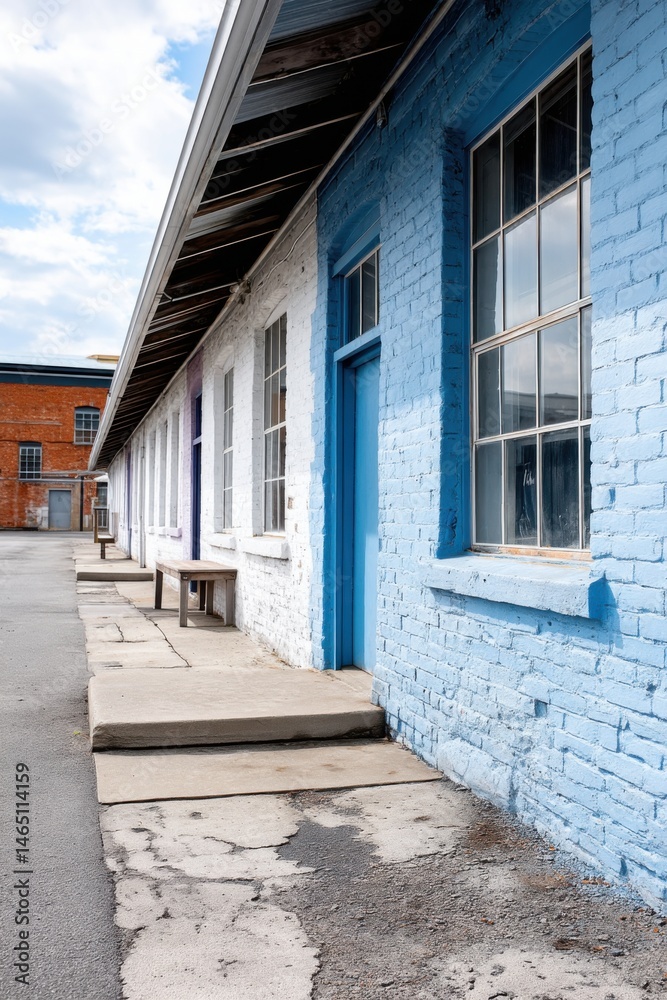 Vibrant exterior of an antique factory with colorful signage and production areas in a historic location