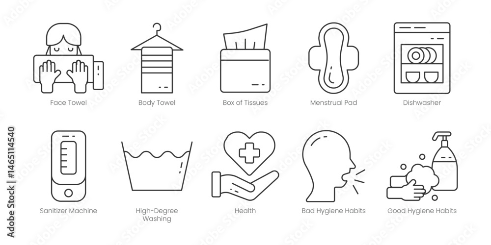 Fototapeta premium Hygiene Outline Icons Set – Face Towel, Flossing, Hair Products, Dishwasher, Health, High-Degree Washing, Menstrual Pad, Sanitizer Machine, Air Spray Can, Bad Hygiene Habits, Editable Stroke.