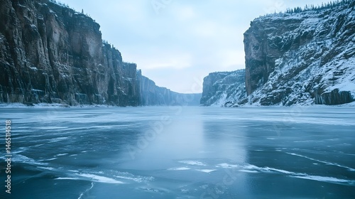 A picturesque winter landscape featuring a tranquil frozen lake nestled between towering snow covered mountains and rugged cliffs in a remote serene setting
