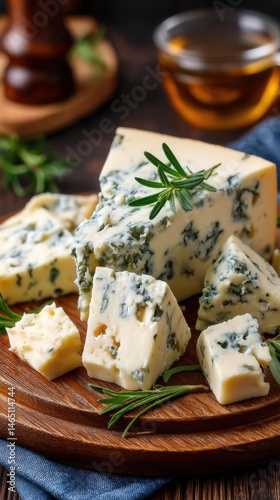 Delicious blue cheese wedges on wood board with rosemary and cup of tea create appetizing food still life for cheese lovers and connoisseurs