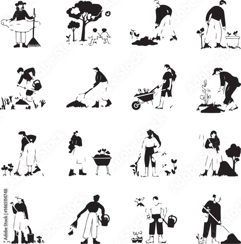 Gardening Silhouettes: Engaging silhouettes illustrating diverse gardening activities, symbolizing the nurturing act of cultivating nature and embracing the serenity of outdoor living.