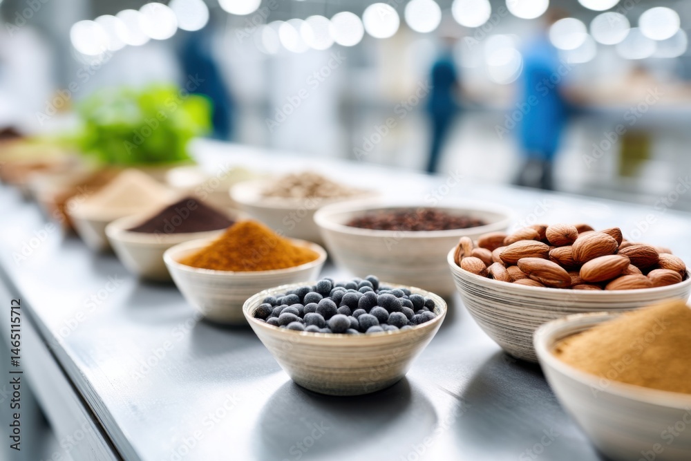 Close-up display of colorful agricultural by-products in a manufacturing setting