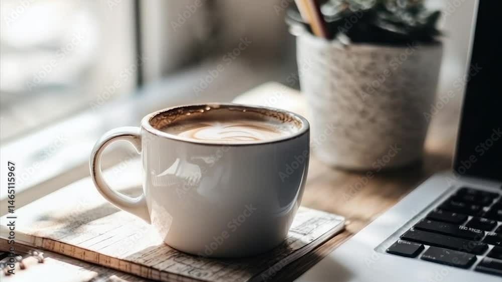 Cozy workspace with coffee and laptop