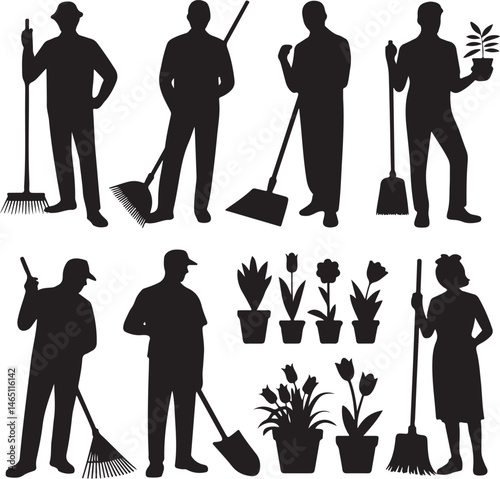 Gardening Silhouettes: Engaging silhouettes illustrating diverse gardening activities, symbolizing the nurturing act of cultivating nature and embracing the serenity of outdoor living.