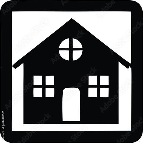 A black silhouette vector illustration presents a house icon, isolated on white, symbolizing real estate and residential architecture design