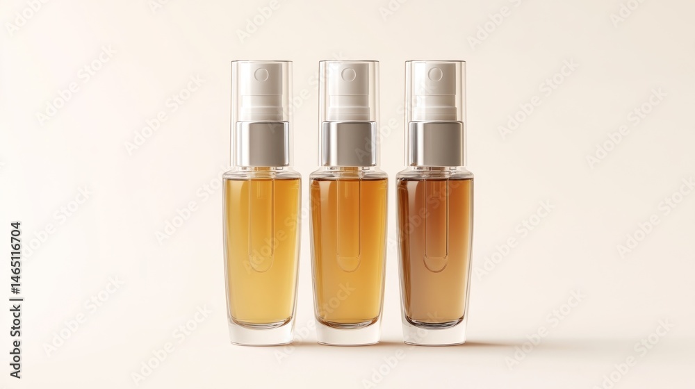 Three amber glass spray bottles, minimalist aesthetic Three amber glass spray bottles, minimalist aesthetic