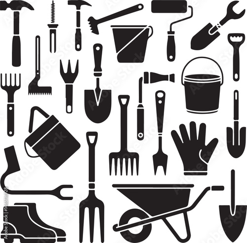 Gardening Silhouettes: Engaging silhouettes illustrating diverse gardening activities, symbolizing the nurturing act of cultivating nature and embracing the serenity of outdoor living.