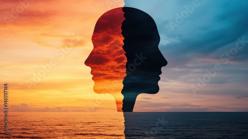 Artistic silhouette of a human face split between a sunset and blue sky, symbolizing duality and contrasting emotions.