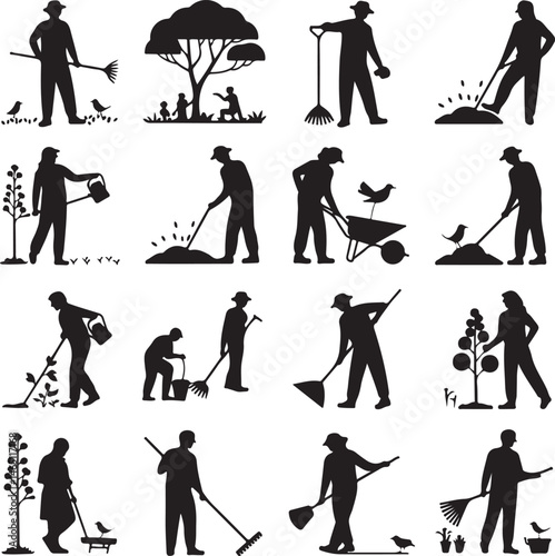 Gardening Silhouettes: Engaging silhouettes illustrating diverse gardening activities, symbolizing the nurturing act of cultivating nature and embracing the serenity of outdoor living.