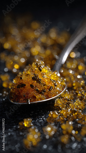 A facile spoon filled with gilded honey, capturing the sweet rewards of hard work by honeybees.