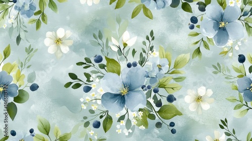 Elegant floral pattern featuring blue blooms and greenery on a soft pastel background, ideal for textiles