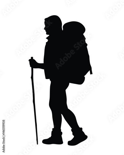 Silhouette vector illustration of a hiker with a backpack walking with trekking pole on white background
