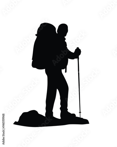 Silhouette vector illustration of a hiker with a backpack walking with trekking pole on white background