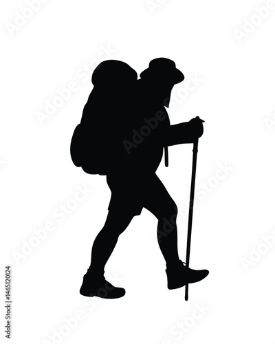 Silhouette vector illustration of a hiker with a backpack walking with trekking pole on white background