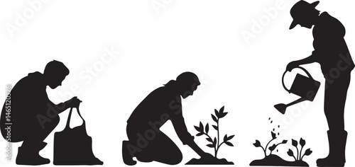 Gardening Silhouettes: Engaging silhouettes illustrating diverse gardening activities, symbolizing the nurturing act of cultivating nature and embracing the serenity of outdoor living.