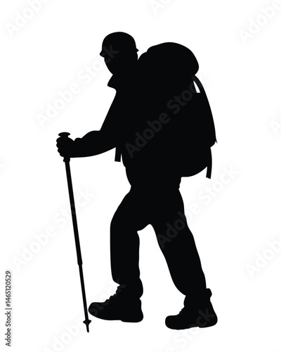 Silhouette vector illustration of a hiker with a backpack walking with trekking pole on white background