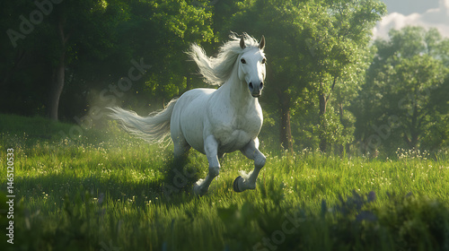 white horse running on the meadow