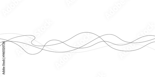 A minimalist abstract image featuring multiple, interwoven, wavy lines in varying thicknesses and dashed patterns.	