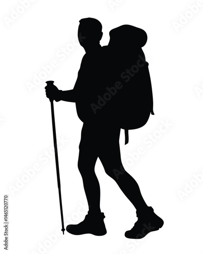 Silhouette vector illustration of a hiker with a backpack walking with trekking pole on white background