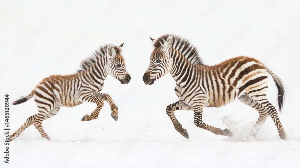 Obraz premium A baby zebra running playfully next to its mother, looking joyful, on a white background