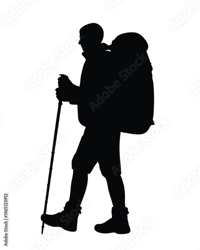 Silhouette vector illustration of a hiker with a backpack walking with trekking pole on white background