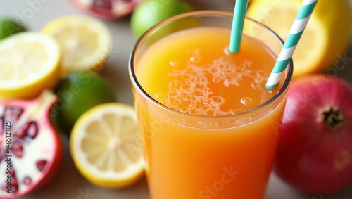 A vibrant glass of orange juice glows with freshness, filled to the brim, radiating citrusy goodness and vitamin-rich energy—perfectly chilled and ready to quench your thirst.

