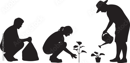 Gardening Silhouettes: Engaging silhouettes illustrating diverse gardening activities, symbolizing the nurturing act of cultivating nature and embracing the serenity of outdoor living.