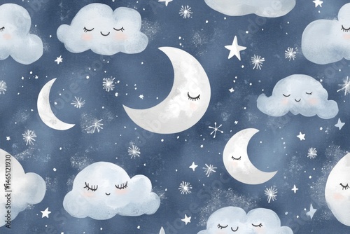 Whimsical night sky pattern featuring smiling clouds, crescent moons, and twinkling stars in a dreamy backdrop